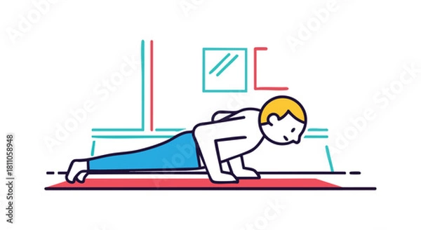 Fototapeta Man executing a standard push-up on a mat for chest, shoulder, and core strength.