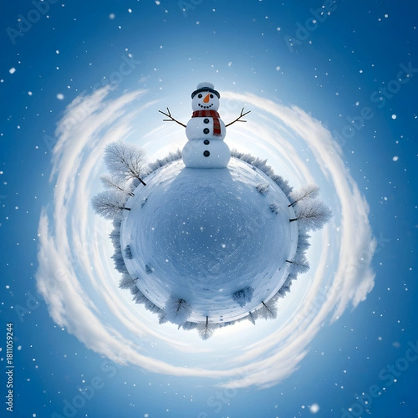 Obraz Tiny planet winter landscape with snowman