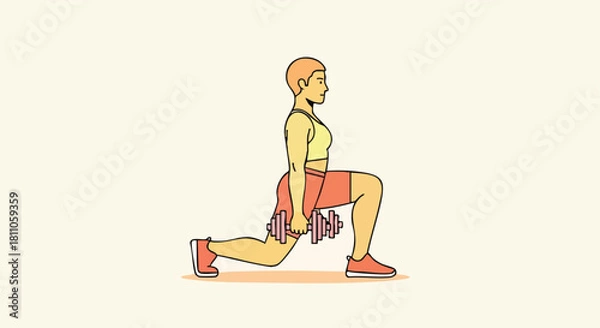 Fototapeta Woman performing a weighted dumbbell lunge for lower body strength and balance training.