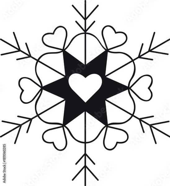 Obraz Elegant crystalline snowflake with a symmetrical pattern on a white background. Detailed winter snowflake symbolizing cold weather, frost, and Christmas. Perfect for holiday designs, backgrounds, gree
