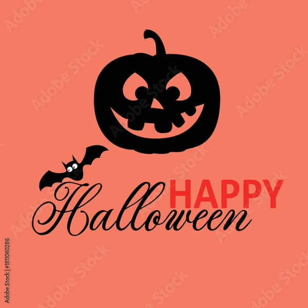 Fototapeta Halloween greeting illustration with a black jack-o'-lantern, a flying bat, and the text "Happy Halloween" on an orange background. Festive design for Halloween celebration, autumn holiday, and season