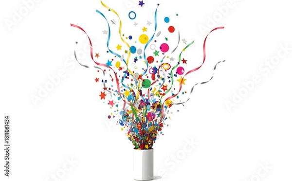 Fototapeta Minimalist party popper design that emits a spray of confetti and serpentine