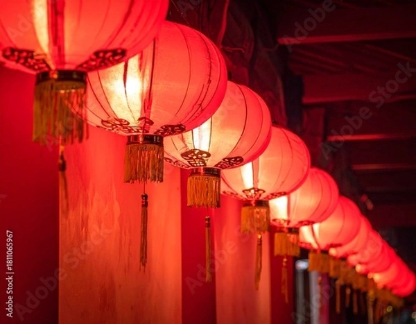 Fototapeta Diagonal photo of a cluster of red lanterns, perfect for Chinese New Year or festive holiday decorations, highlighting vibrant colors and a celebratory atmosphere