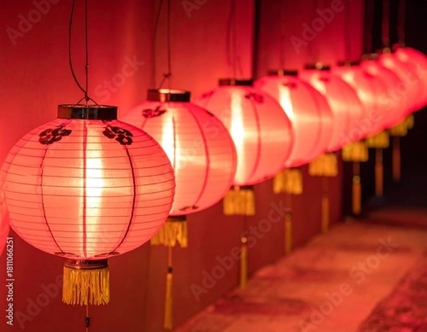 Fototapeta Diagonal photo of a cluster of red lanterns, perfect for Chinese New Year or festive holiday decorations, highlighting vibrant colors and a celebratory atmosphere