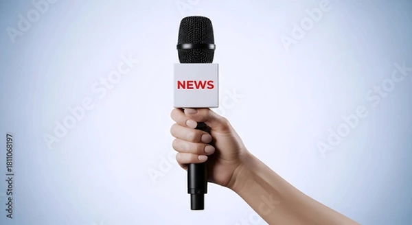 Obraz Journalist Hand Holding Microphone with News Label on Blue Background for Broadcasting Concept