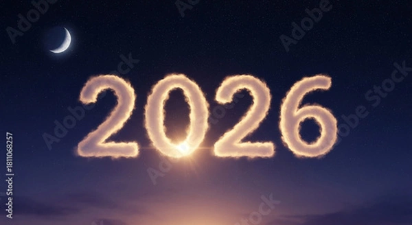 Obraz The year 2026 depicted in fluffy white clouds against a twilight sky with a crescent moon and twinkling stars, symbolizing a hopeful and dreamy future