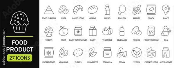 Obraz Food product line icon set. Featuring healthy eating, nutrition, organic produce, frozen items, and vegan options. Perfect for food delivery apps, restaurant menus, and grocery website.