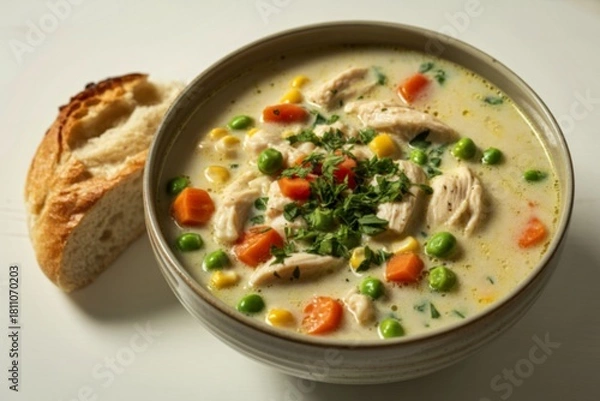 Obraz bowl filled with creamy chicken and vegetable soup