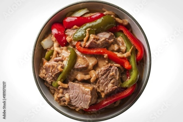 Fototapeta chunks of pork meat, mixed with vibrant bell peppers
