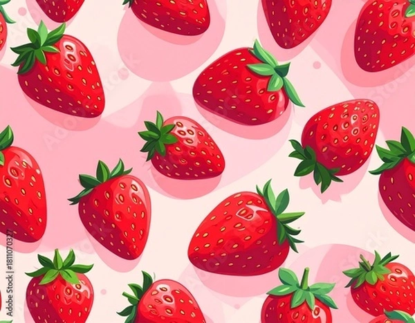 Fototapeta Cute red strawberry pattern arranged diagonally, featuring playful and whimsical designs, perfect for kids’ prints, stationery, or fun decorative projects