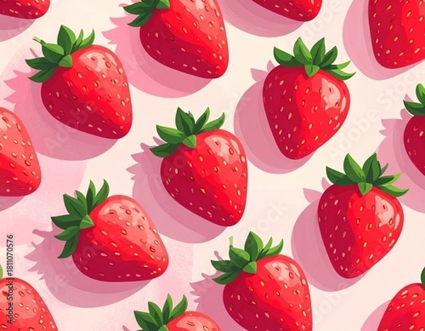 Fototapeta Cute red strawberry pattern arranged diagonally, featuring playful and whimsical designs, perfect for kids’ prints, stationery, or fun decorative projects