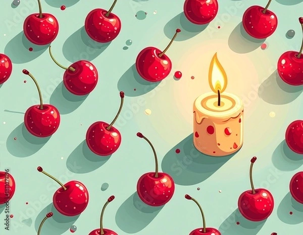 Fototapeta Cute red cherry pattern arranged diagonally, featuring playful and whimsical designs, perfect for kids’ prints, stationery, or fun decorative projects