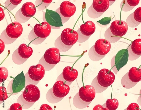 Fototapeta Cute red cherry pattern arranged diagonally, featuring playful and whimsical designs, perfect for kids’ prints, stationery, or fun decorative projects
