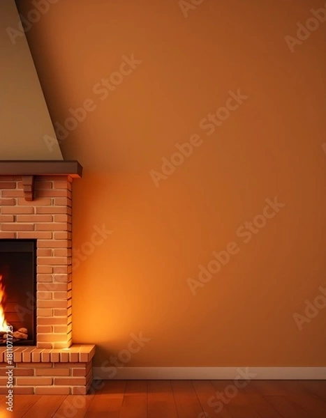 Fototapeta A bright fireplace with crackling flames provides homely comfort while a warm toned interior wall offers calm inviting space for relaxing ambience