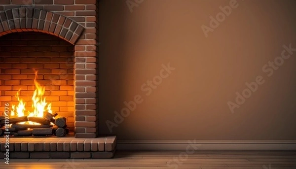 Fototapeta A flickering fireplace adds cosy warmth to a rustic home interior as a soft wall beside it creates peaceful comforting ambience