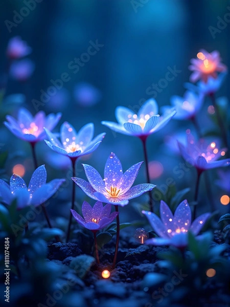 Obraz Enchanting Luminous Flowers with Sparkling Lights in a Magical Night Garden