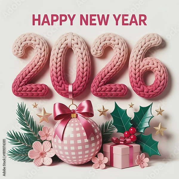 Fototapeta Knitted Pink 2026 New Year Greeting Card Design