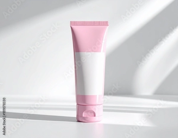 Fototapeta White pink cosmetic tube bottle mockup on an isolated background, showcasing sleek minimalist design ideal for skincare, grooming, and premium product branding presentations