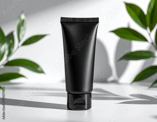 Fototapeta Black cosmetic tube bottle mockup on an isolated background, showcasing sleek minimalist design ideal for skincare, grooming, and premium product branding presentations