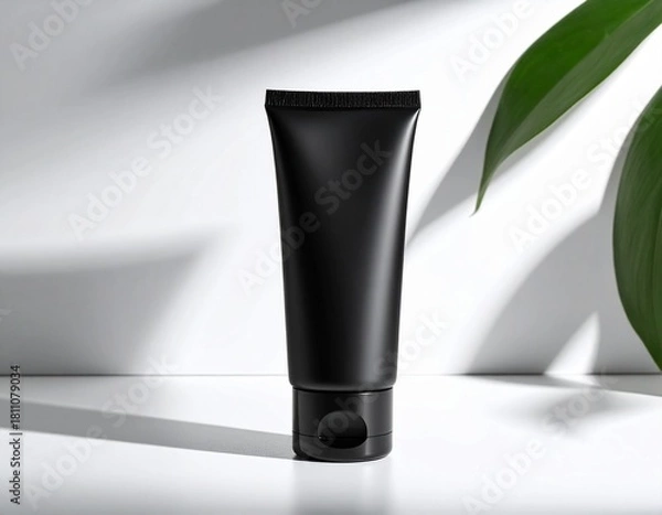 Fototapeta Black cosmetic tube bottle mockup on an isolated background, showcasing sleek minimalist design ideal for skincare, grooming, and premium product branding presentations