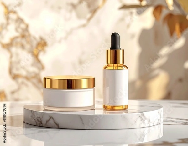 Fototapeta White–gold cosmetic mockup featuring a cream pot and serum bottle, showcasing elegant minimalist design and luxurious branding suitable for skincare product presentations