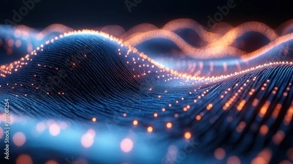 Obraz Dynamic Digital Waves with Sparkling Blue and Orange Light Elements