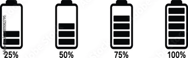 Obraz Battery charge level icons set, four power status indicators 25% to 100%, energy technology, isolated vector illustration