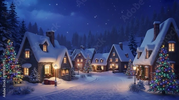 Fototapeta Enchanting snowy village at night with warm glowing windows and festive christmas lights