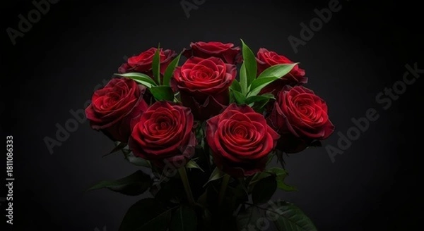 Fototapeta "Beautiful red roses arranged elegantly on dark background, showcasing romantic floral theme suitable for celebration, luxury décor and Valentine aesthetics."
