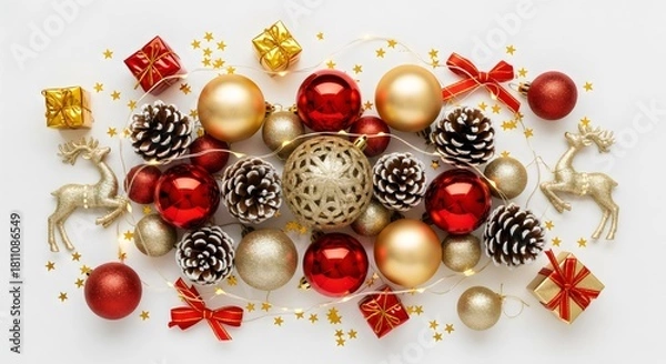 Fototapeta "Red and gold Christmas baubles arranged in neat festive pattern with pinecones, holiday lights and elegant seasonal winter decoration aesthetic."
