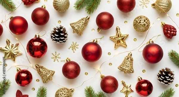 Fototapeta "Golden stars, red baubles, pinecones and festive ornaments arranged in elegant flatlay style with warm Christmas atmosphere and luxury holiday theme."
