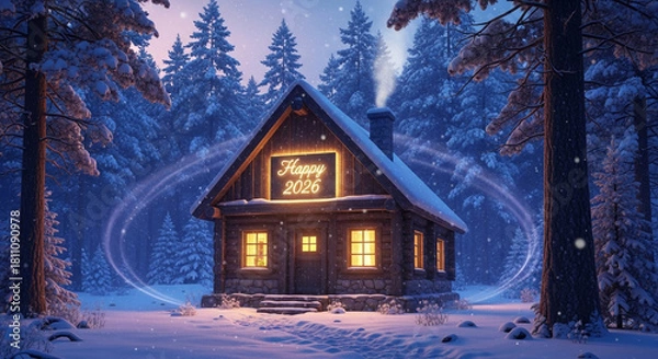 Obraz Cozy cabin in a snowy forest, adorned with happy 2026 sign, radiating warmth and festive cheer amidst the serene winter landscape