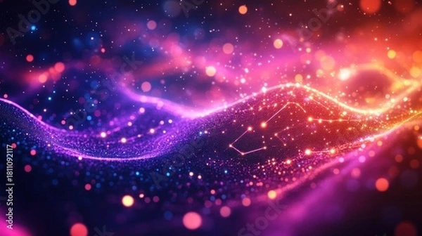 Obraz Dynamic Wave of Sparkling Particles with Interconnected Light Lines