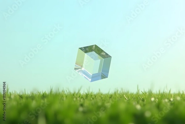 Obraz A transparent cube floating above a grassy field.