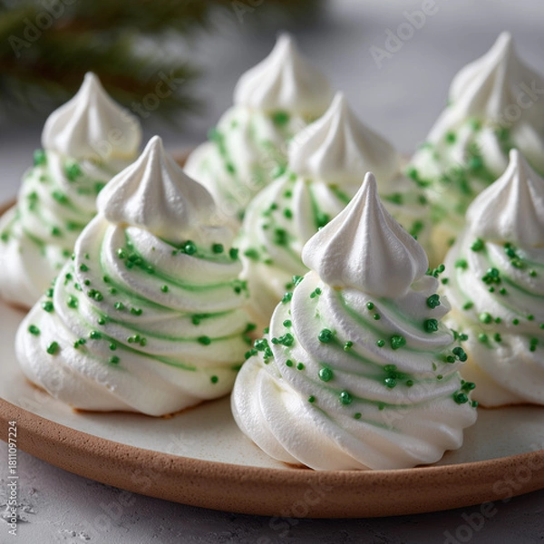 Fototapeta Festive Green and White Meringue Christmas Tree Cookies with Sprinkles on a Ceramic Plate