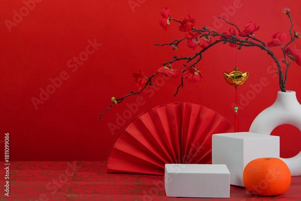 Obraz Background with Red Decor and Oranges for Lunar New Year Celebration