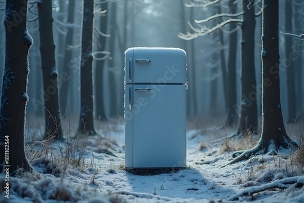 Obraz A refrigerator standing in a forest with frost spilling out.