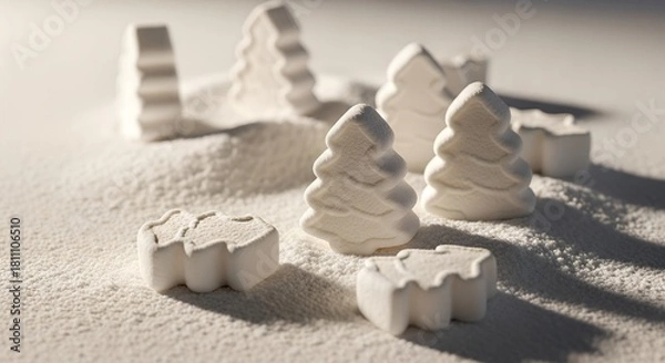 Obraz Winter scene with white decorative snow-covered trees on surface  