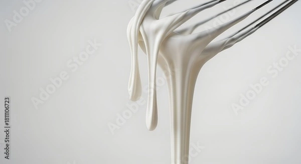 Fototapeta Whisk with dripping white cream on light background  