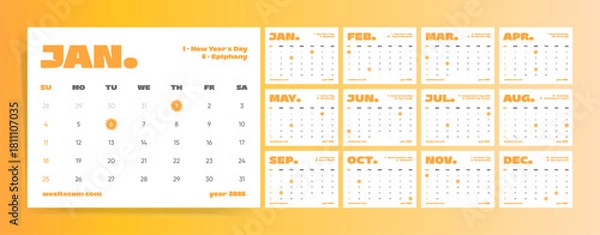Obraz Orange Holiday Icon Wall Planner 2026. Minimal Monthly Calendar Layout with Highlighted Events, Sunday Start Printable