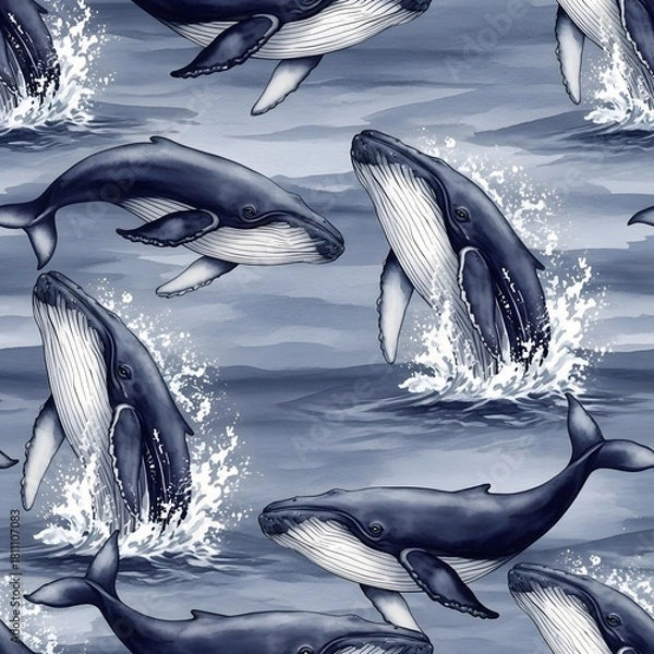 Fototapeta A seamless illustrative pattern of majestic humpback whales breaching and splashing in the deep blue ocean water