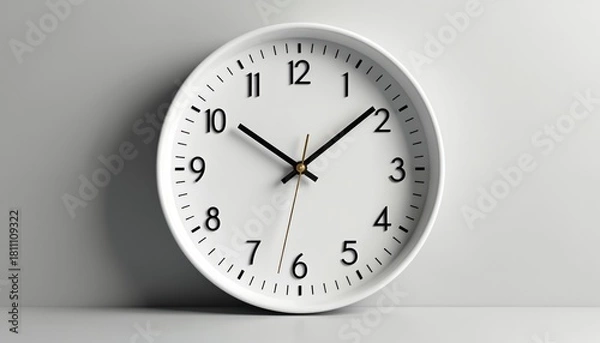 Fototapeta Simple white wall clock face with black numbers and hour hands showing 10 10. Modern interior decor item for home or office. Minimalism style timekeeping device.