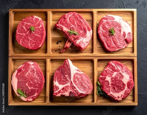 Obraz Different types of raw A5 beef on the wooden background