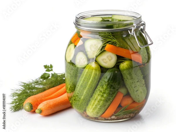 Fototapeta Pickled cucumbers and carrots in a glass jar isolated PNG, homemade fermented vegetables for healthy eating on transparent background
