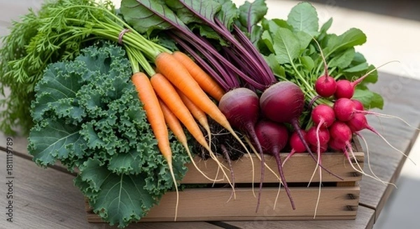 Fototapeta Fresh Kale Carrots Beets and Radishes in Wooden Crate fresh vegetables