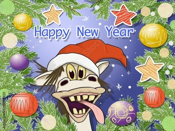 Obraz Funny horse in the form of Santa Claus in a New Year's frame. The horse is the symbol of 2026!