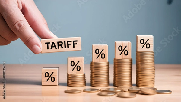 Fototapeta Hand placing wooden block with word tariff onto rising stack of coins representing economic growth and financial investment