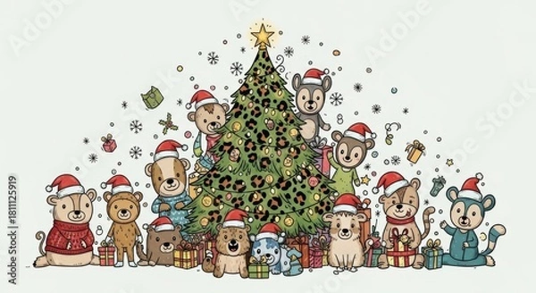 Fototapeta Festive christmas scene with bears and a decorated tree