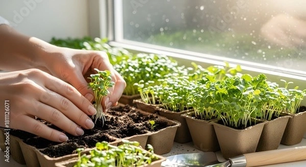 Fototapeta Hands planting tiny green seedlings in biodegradable pots on windowsill microgreens