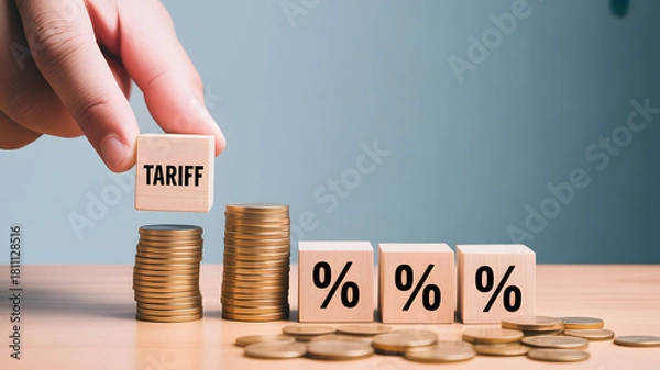 Fototapeta Hand placing a wooden block with the word tariff above stacks of coins and percentage blocks symbolizing economic impact and financial growth